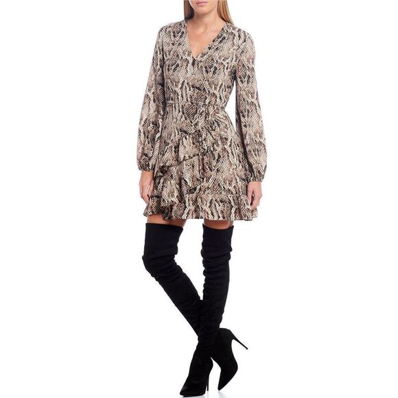 Snake Print Wrap Front‎ V-Neck Long Sleeve Tiered Ruffle Hem Mini Dress - Picture 1 of 4